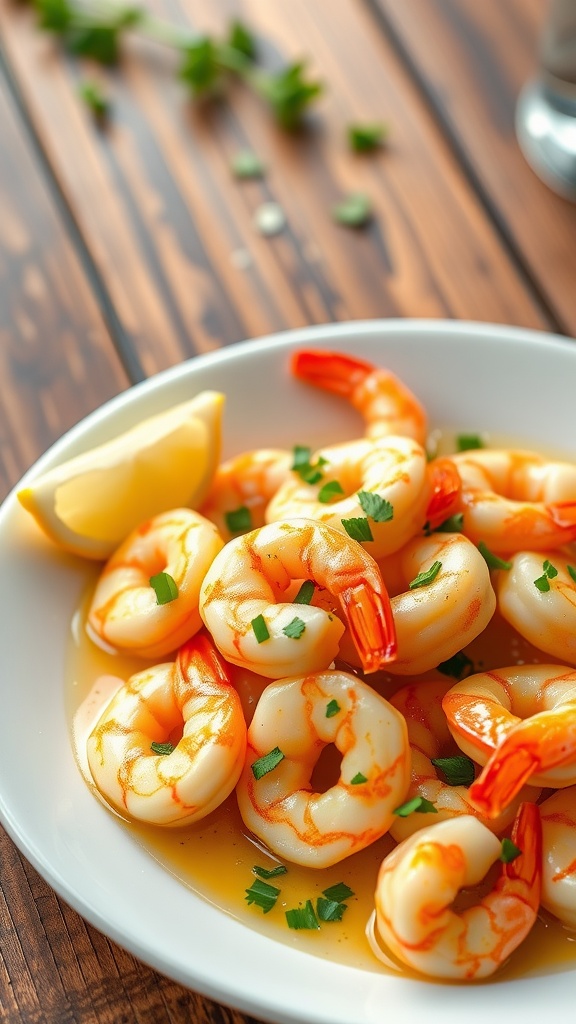 Garlic butter shrimp with parsley and lemon on a white plate.